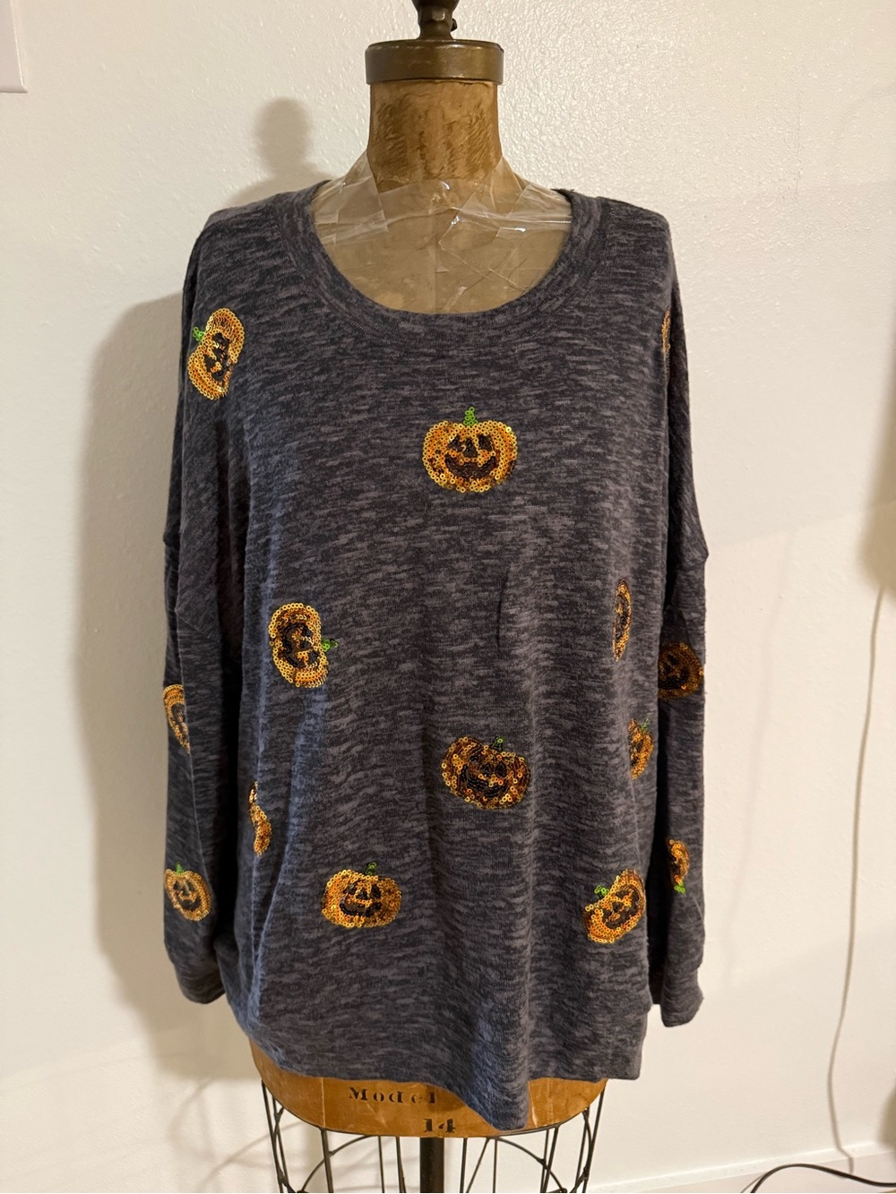 Women’s Charcoal Crewneck Sweater with Sequin Pumpkin Accents